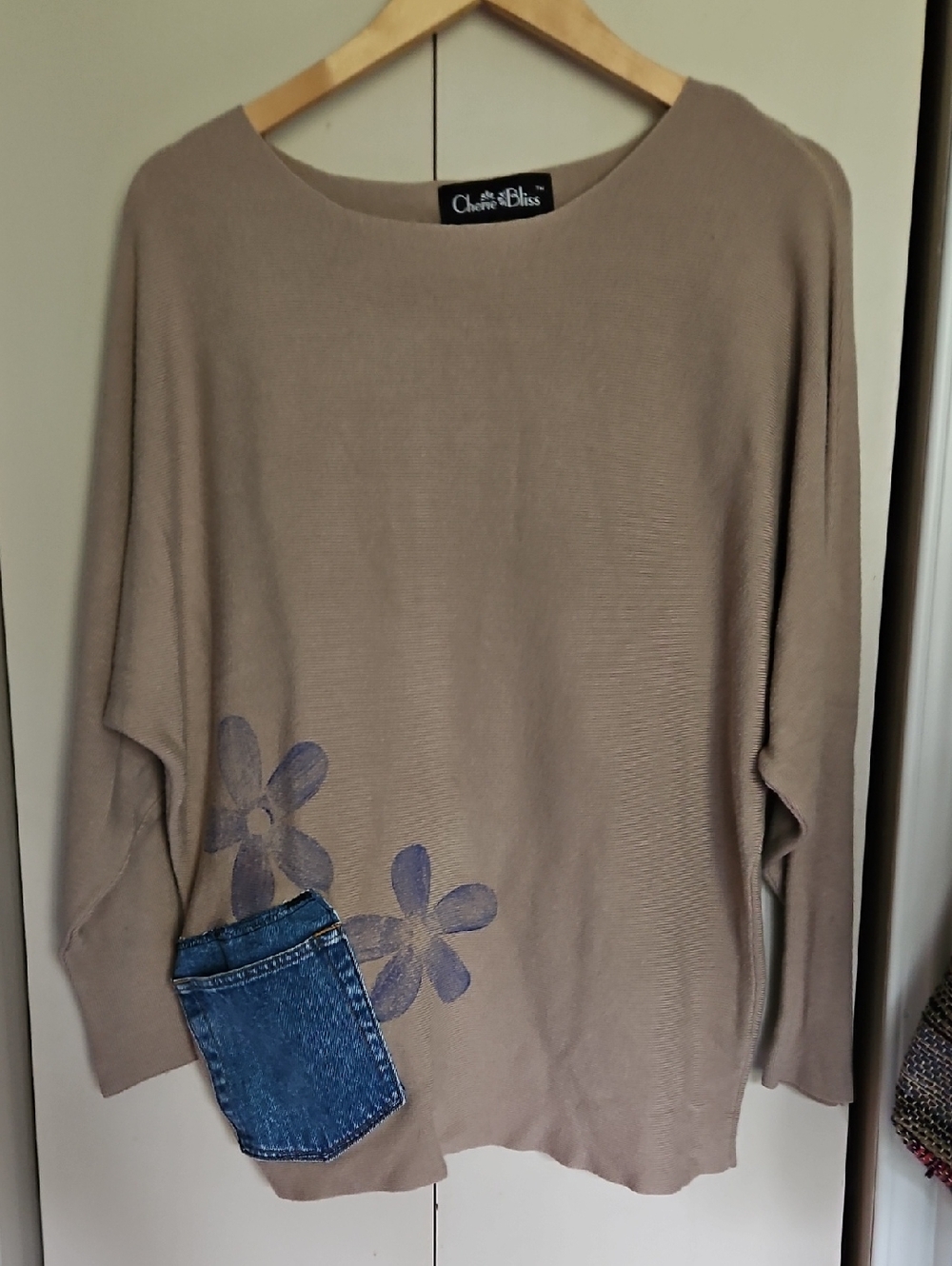 REDONE Taupe KNIT Blue Denim Pocket HAND stamped Flowers +Chenille Patch
